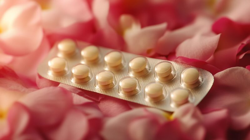 Pack of contraceptive pills placed on pink rose petals
