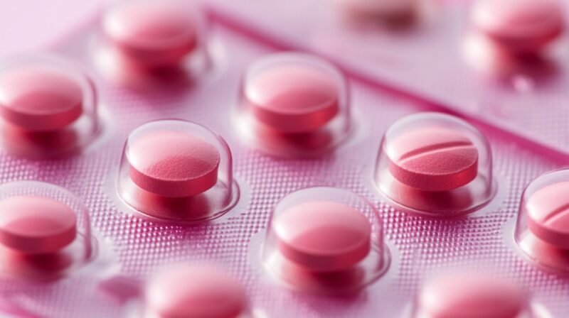 Close-up of pink tablets in blister packs, representing combined hormonal contraceptive pills