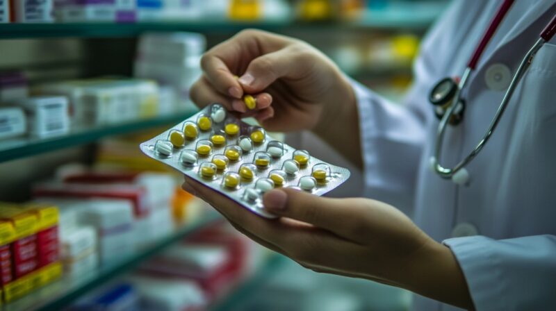 Doctor holding a pack of yellow and white contraceptive pills in a pharmacy setting