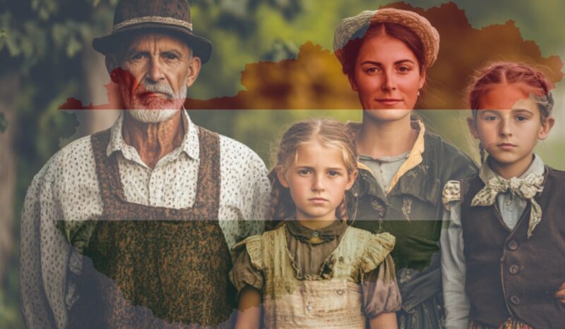 Traditional Hungarian family portrait overlaid with the map and flag of Hungary