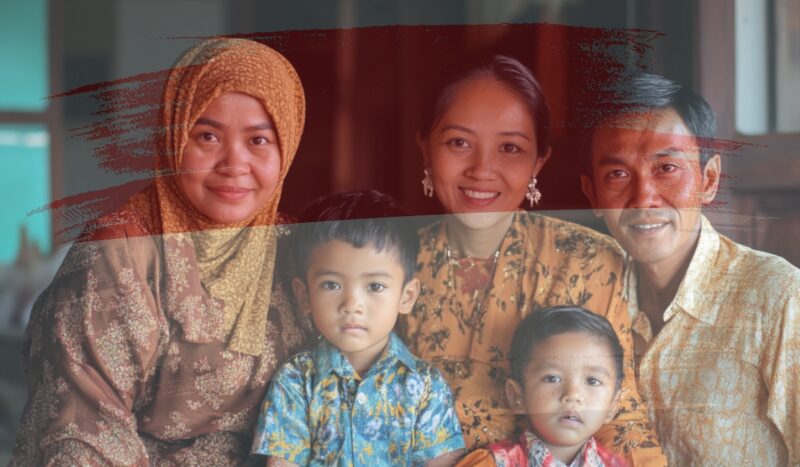 Portrait of an Indonesian family overlaid with the national flag and map of Indonesia, symbolizing cultural identity rooted in family and faith