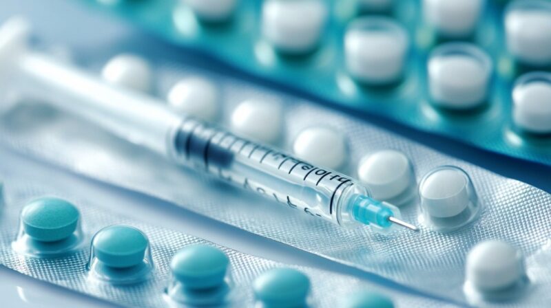 Syringe placed on top of various blister packs of contraceptive pills