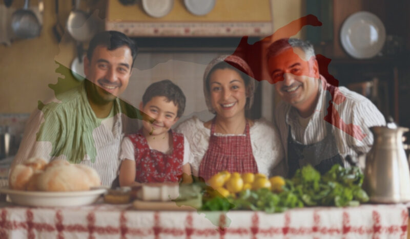 Smiling Italian family at a kitchen table overlaid with the map and flag of Italy.