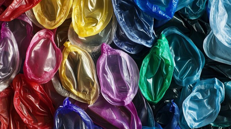 Close-up view of multiple colorful male condoms in their wrappers