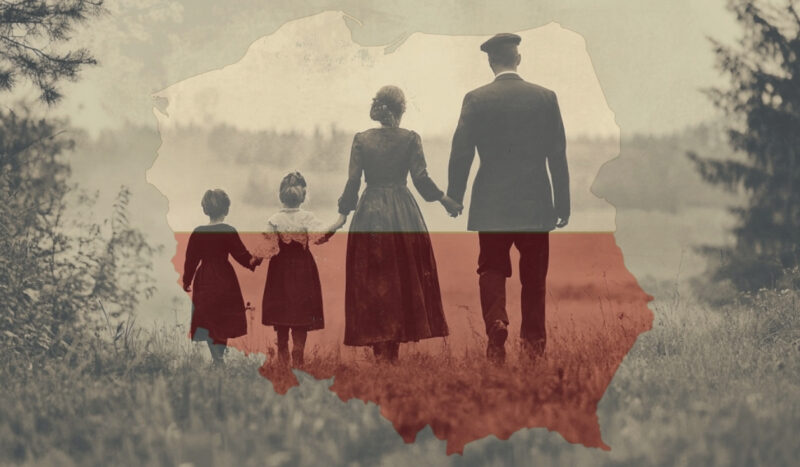 Silhouetted traditional family of four walking in a field, overlaid with the map and flag of Poland