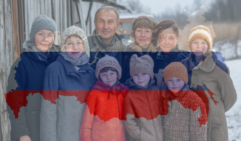 Group of people in winter clothing posing together outdoors, overlaid with the Russian flag and map