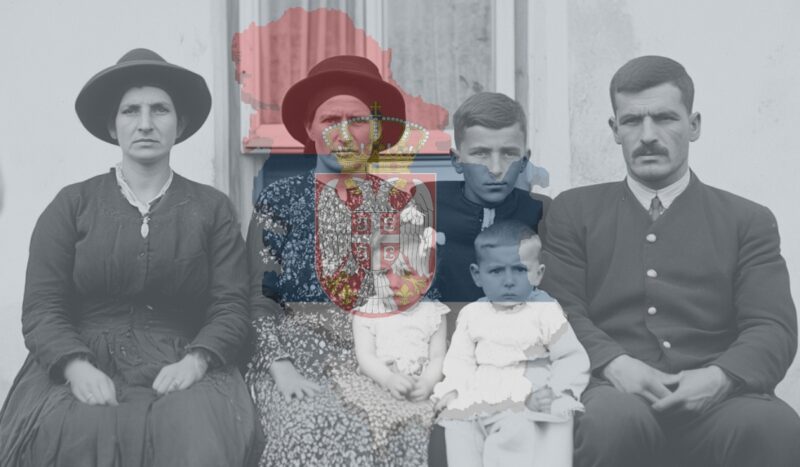 Vintage family portrait overlaid with the map and flag of Serbia, symbolizing national identity and cultural values