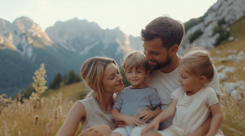 A smiling family of four sitting together in a scenic mountain meadow, representing traditional family values in nature