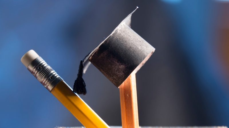 A pencil with a graduation cap symbolizes the debate between abstinence-only and comprehensive sex education